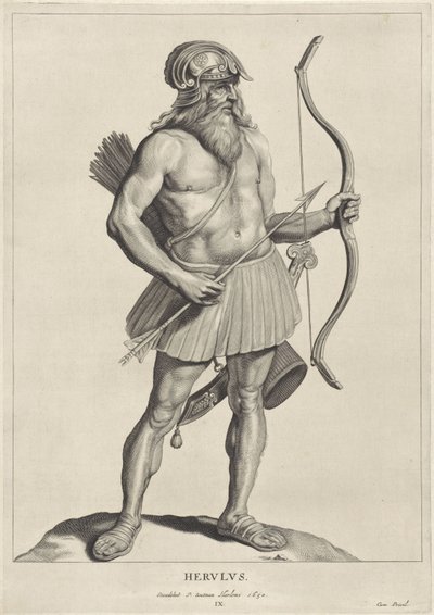 Herulian Herulus (titel på objekt) Oude hier woonachtige volken (serietitel) Peplus eller goterne, vandalerne, schwaberne, heruli, gepiderne, markomannerne og de gamle firedobbelte billeder fra de antikke monumenter og Marcus Zuerius Boxhornius museum (ser af Cornelis Visscher (II)