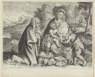 Landskab med den hellige familie, Johannes Døberen og Elizabeth af Cornelis Visscher (II)