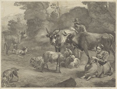 Landskab med en hyrde og en syhyrde af Cornelis Visscher (II)