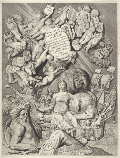 Titeltryk for en række grever og grevinder af Holland, Zeeland og Vestfrisland PRINCIPPER / HOLLANDIÆ, / ZELANDIÆ ET FRISIÆ, / (...) / PETRI SCRIVERII (titel på objekt) Grever og grevinder af Holland, Zeeland og Vestfrisland (serietitel) Prins af Cornelis Visscher (II)
