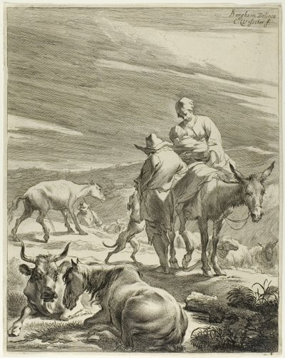 En mor og et svøbt barn rider på et æsel, planche 4 fra Fire landskaber af Cornelis Visscher