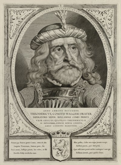 Dirk I, greve af Holland, i rustning. Rammen er dekoreret med Hollands våbenskjold. NL-HlmNHA 1477 53012894 af Cornelis Visscher