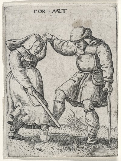 En mand med en bandageret fod danser med en kvinde, 1572 (gravering på lagt papir) af Cornelis after Massys