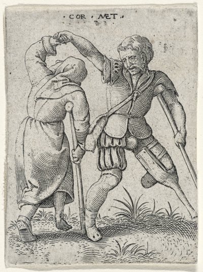 En mand med et træben, der vender en halt kvinde under armen, 1572 (gravering på lagt papir) af Cornelis after Massys