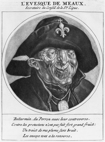 Protestantisk karikatur af Bossuet, biskop af Meaux, illustration fra Les Heros de La Ligue eller La Procession monacale, ledet af Ludvig XIV, til omvendelse af protestanterne i hans rige, Paris, af Cornelis and Gole, Jacob Dusart
