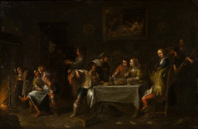 Mine damer og herrer fester omkring et bord, ca. 1612-67 (olie, lærred og papir) af Cornelis de (attr. to) Wael