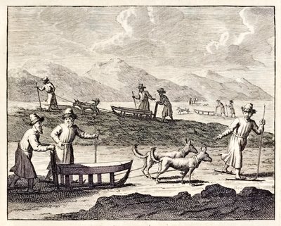 Russere, der rejser med hundeslæder i Sibirien.”, fra ‘Voyages de Corneille le Brun’. 1718 af Cornelis de Bruyn