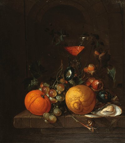 En citron, en appelsin, druer, en østers og et glas vin på en afsats af Cornelis de Heem