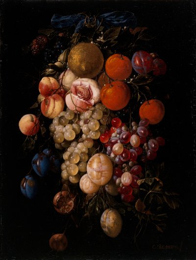 Stilleben af druer, kirsebær og blommer, der hænger fra et søm med et blåt bånd af Cornelis de Heem