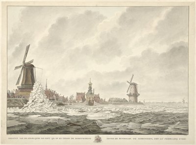 Udsigt over halvmånen af ​​isen, på og mod brystværnet bag Runmolen i Gorinchem, den 20. februar 1799 af Cornelis de Jonker