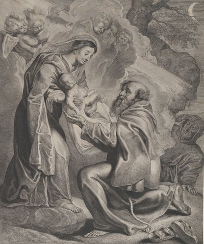 Visionen om Saint Francis, knælende til højre, modtagelse af Kristusbarnet fra Jomfruen..., 1650. af Cornelis de Visscher
