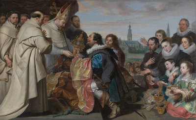 Restitutionen af kirkens skatte til Sankt Norbert efter nederlaget for kætteren Tankelin, med et portræt af Snoeck-familien af Cornelis de Vos