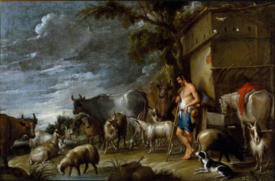 Maleri af Cornelis De Wael (1592-1667), omkring 1630-1639. flamsk kunst. Historien om den fortabte søn: grisenes vagt. Besætningsholder med gris, belier, ged, ko, ged, hest, hund og får. Olie på lærred. Mål: 57x86 cm. Privat samling, Genes af Cornelis de Wael