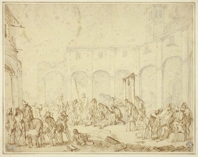 Sårede soldater i en gårdhave på byens torv af Cornelis de Wael