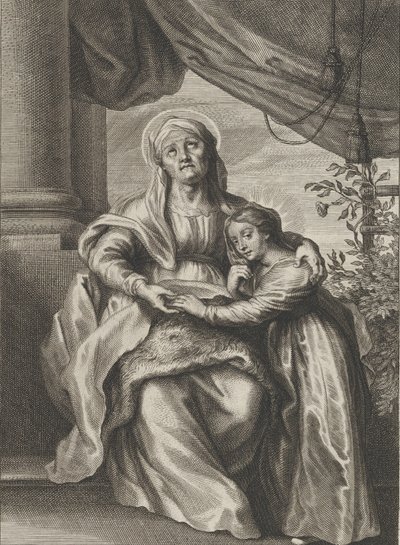 Jomfruens uddannelse, med Sankt Anne siddende på en bænk og kigger opad og ..., ca. 1645-78. af Cornelis van Caukercken