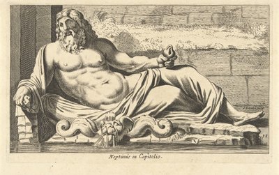 Statue af Neptun ved springvandet på Capitol i Rom Neptun i Capitolio (titel på objekt) Eigenlyke billeder af hundrede af de mest berømte statuer eller antikke statuer, stående i Rom (serietitel) af Cornelis van Dalen (I)