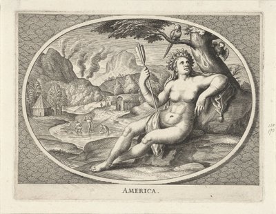 Kvindelig personificering af det amerikanske kontinent som en kvinde med en fjerhovedbeklædning og en pil i et landskab Amerika (titel på objekt) af Cornelis van Dalen (II)