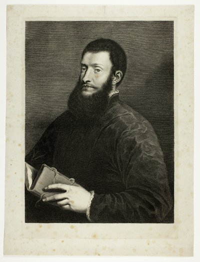 Portræt af digteren Pietro Aretino, fra Cabinet Reynst; Variarum imaginum a celeberrimis artificibus pictarum Caelaturae (Cabinet Reynst: Stik af forskellige billeder malet af berømte kunstnere) af Cornelis van Dalen II