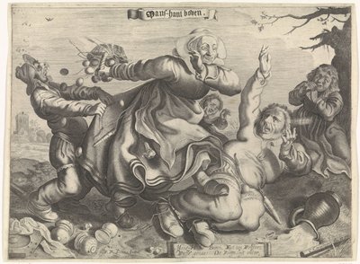En kvinde, der tramper sin mand Mans-hant ovenfor (titel på objekt) af Cornelis van Kittensteyn