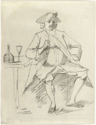 Mand med en pibe sidder ved et bord af Cornelis van Noorde