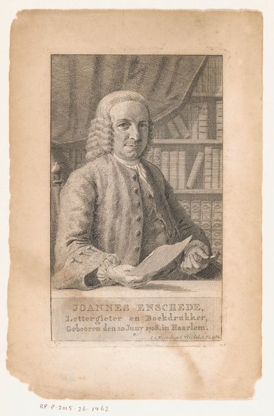Portræt af Johannes Enschedé Joannes Enschede, typestifter og bogtrykker (titel på objekt) af Cornelis van Noorde