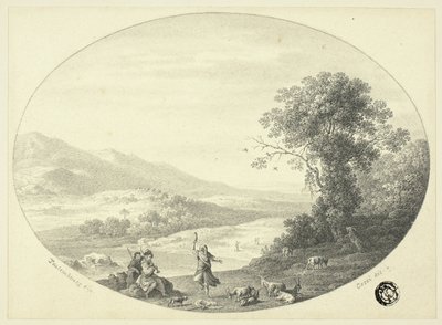 Italiensk landskab med danser, musikere og geder af Cornelis van Poelenburgh