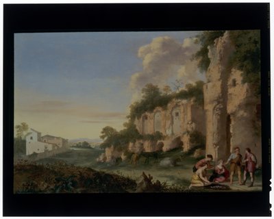 Kortskarp i et landskab af Cornelis van Poelenburgh or Poelenburch