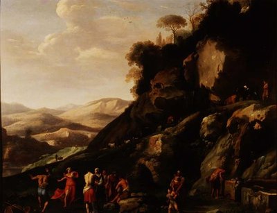 Bønder danser i et landskab af Cornelis van Poelenburgh or Poelenburch