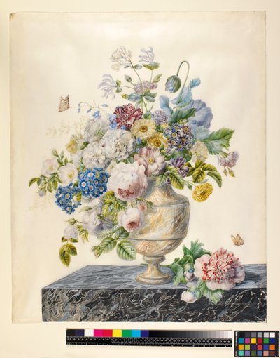 En marmorvase med blandede blomster på marmorhylde, ca. 1800 af Cornelis van Spaendonck