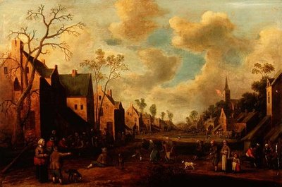 Bønder lystigt i en landsbygade af Cornelius Droochsloot