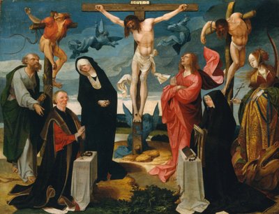 Korsfæstelsen med donorer og hellige Peter og Margaret, ca. 1525-27. af Cornelius Engebrechtsz