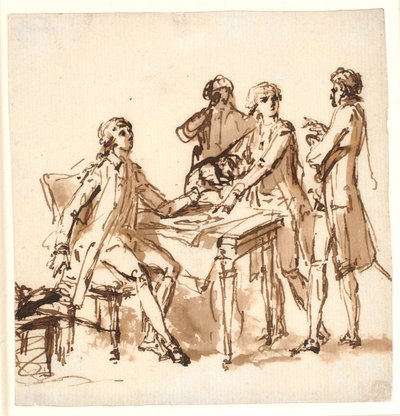 Fire mænd om et bord diskuterer et projekt. af Cornelius Høyer