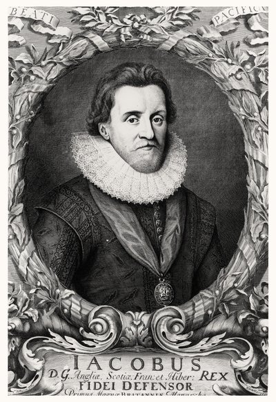 Portræt af James I, konge af Storbritannien, indgraveret af R.White, 1669 af Cornelius I after Johnson