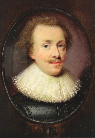 En herre, i sort, figursyet dublet med faldende blondekantet krave (wc på pergament) af Cornelius I attr.to Johnson