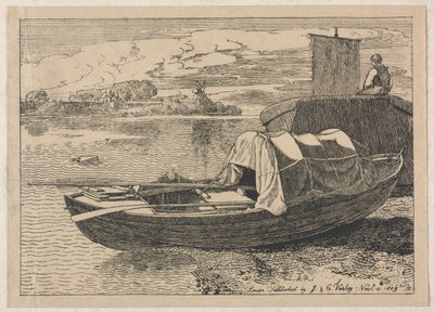 Både på en flod, vindmølle i afstand af Cornelius Varley