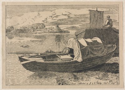 Både på en flod, vindmølle i afstand, 1809. af Cornelius Varley