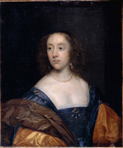 Portræt af en dame i blå af Cornelius the elder Johnson