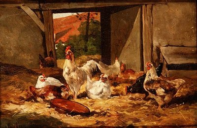 Kyllinger i en lade (en af et par) af Cornelius van Leeputten