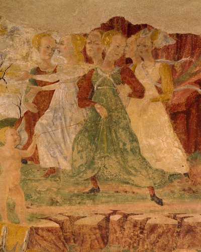 Desperation af tjenestepiger af Proserpine, detaljer fra Triumph of Ceres, scene fra august måned, tilskrevet Cosimo Tura og Mester af Ercole, fresco, nordvæg, Hall of Months, Palazzo Schifanoia (Glædens Palads), Ferrara, Italien, omkring 1470 af Cosimo (attr. to) Tura