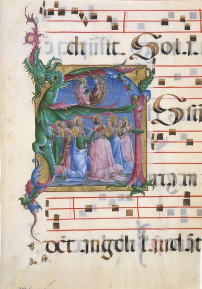 Manuskriptbelysning med Jomfruens antagelse i en indledende A..., 1450-60. af Cosmè Tura