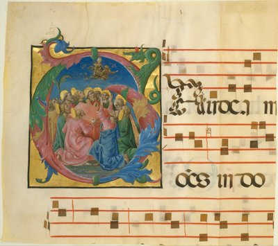 Manuskriptbelysning med Jomfruens antagelse i et indledende G, 1450-60. af Cosmè Tura