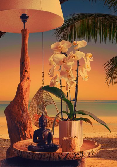 Orkidé, Buddha og solnedgang på stranden af CosmoZach