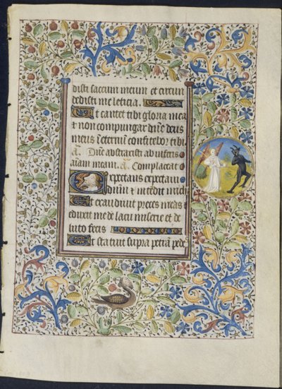 Leaf from a Book of Hours: Angel Chasing a Devil recto , ca. 1460. af Coëtivy Master