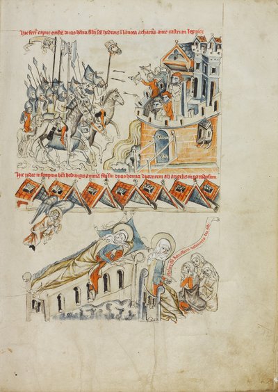 Tartarerne bærer Heinrichs hoved foran Schloss Liegnitz; Sankt Hedvig ser i en drøm sin søns sjæl blive båret til himlen af Court workshop of Duke Ludwig I of Liegnitz and Brieg