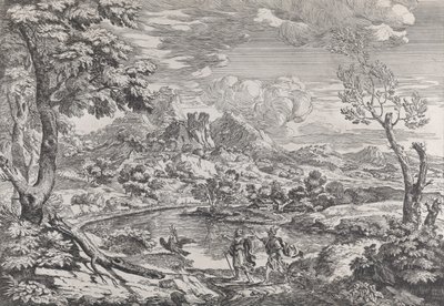 Landskab med en mand, der viser Merkur ørnen fra Jupiter, ca. 1695-99. af Crescenzio Onofri