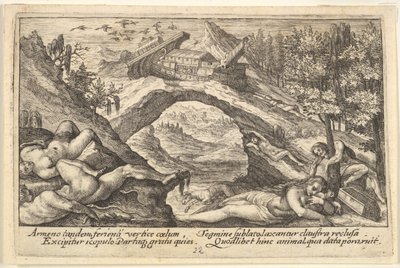 Eftervirkninger af syndfloden: menneskekroppe strøet på tørt land i forgrunden, Noahs ark hede..., 1612. af Crispijn de Passe I