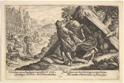 Noas drukkenskab: Sem og Jafet dækker Noas nøgne krop, som ligger i et telt, en ..., 1612. af Crispijn de Passe I