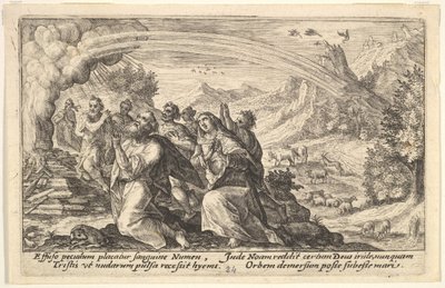 Gud indgår en pagt med Noa: ved siden af et rygende bål knæler Noa i en gestus på p..., 1612. af Crispijn de Passe I