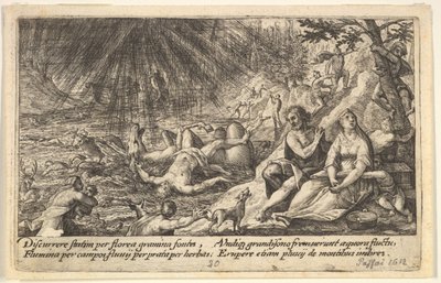 Begyndelsen af syndfloden: mænd og kvinder klatrer til højere terræn til højre, vandet overhaler..., 1612. af Crispijn de Passe I
