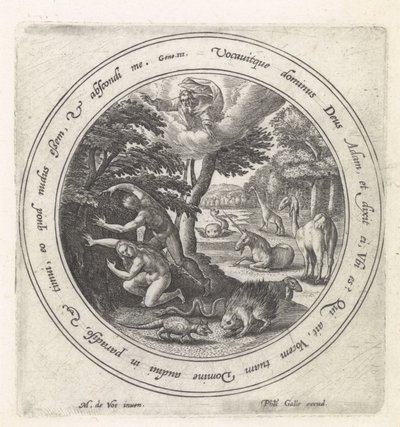 Adam og Eva gemmer sig for Gud Historien om Adam og Eva (serietitel) af Crispijn van de Passe (I)